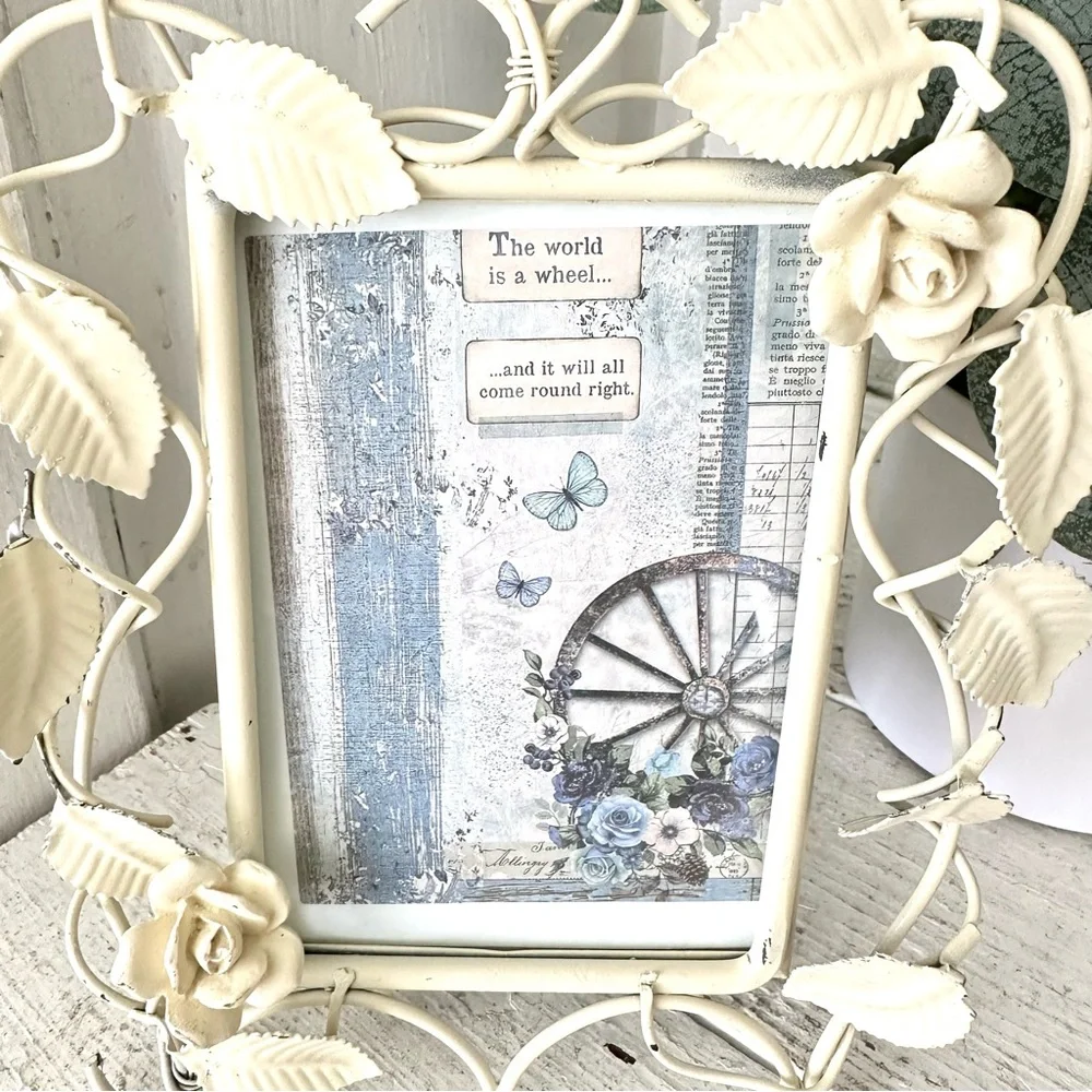 Blue Wheel Cottagecore Butterfly Farmhouse Vintage Frame Floral Leaf Metal Decor